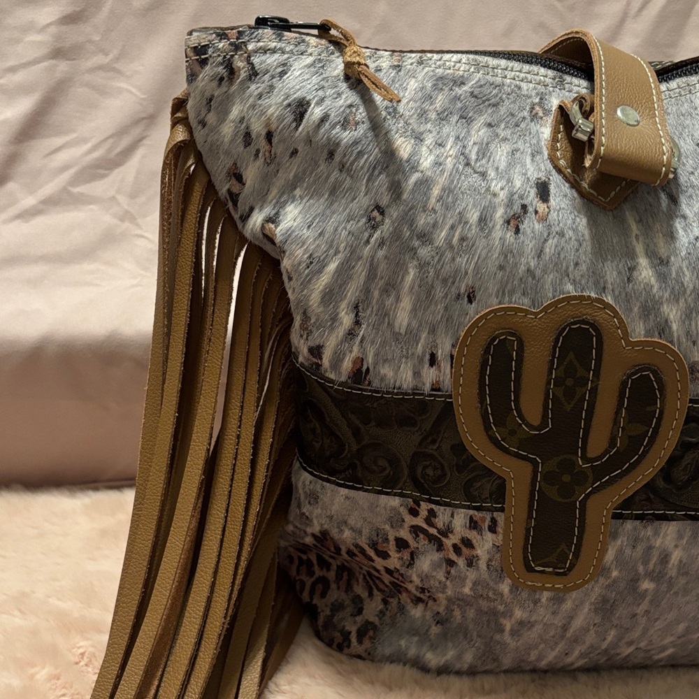 Holy Cow Couture Acid Wash Leopard Hair on Hide Fringe Town Square. - Picture 2 of 16